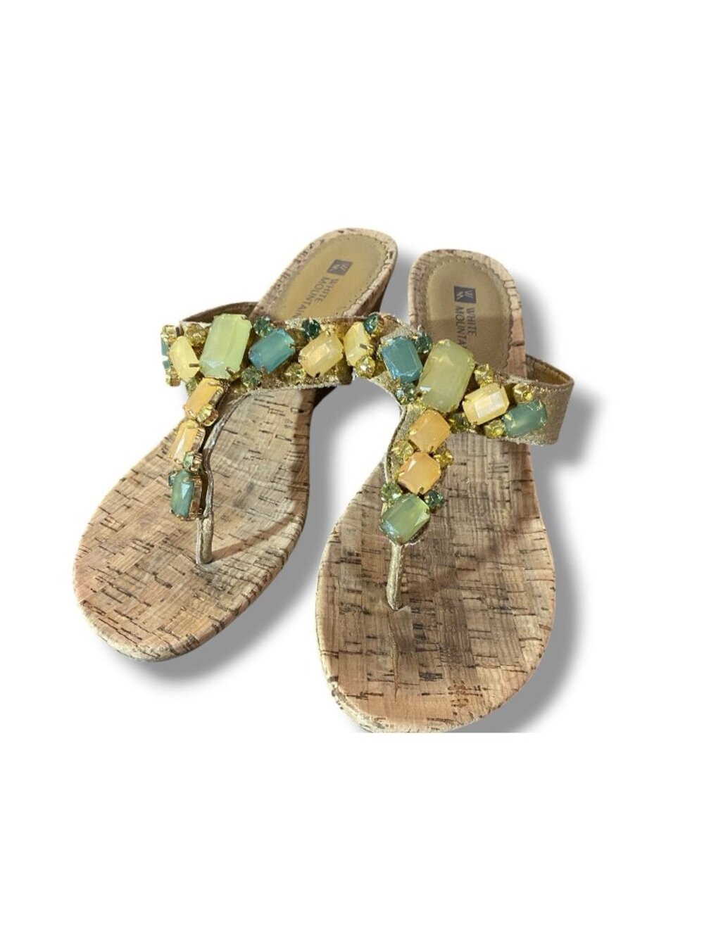 White Mountain Sandals Jeweled Rhinestone Wedge Thong Suede Footbed 7.5 M